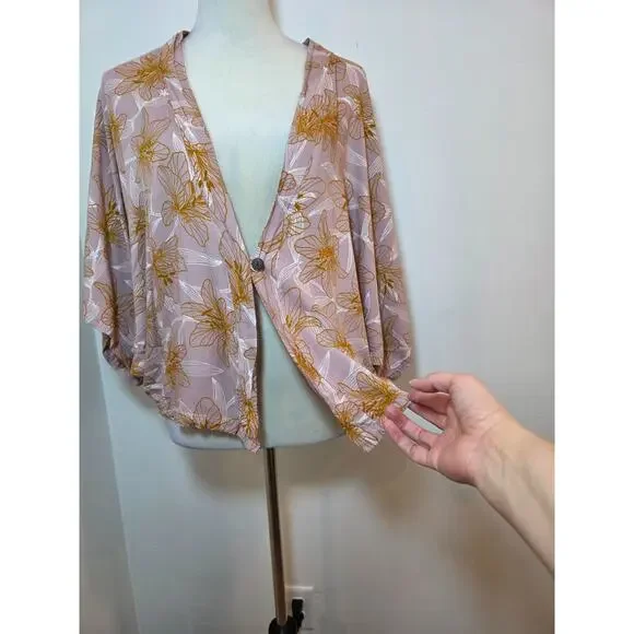 Vintage Hawaii Floral Kimono Top Size L/XL Pink Tropical Cover Up Boho Flowy - Picture 4 of 8